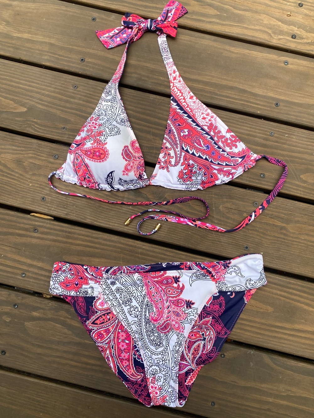 Women’s Reversible Paisley Triangle Bikini Set- Navy, White, Pink